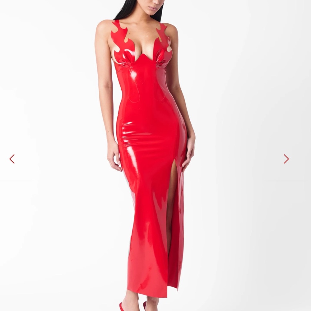 Red Sculpted Vinyl Maxi Dress with Thigh Slit